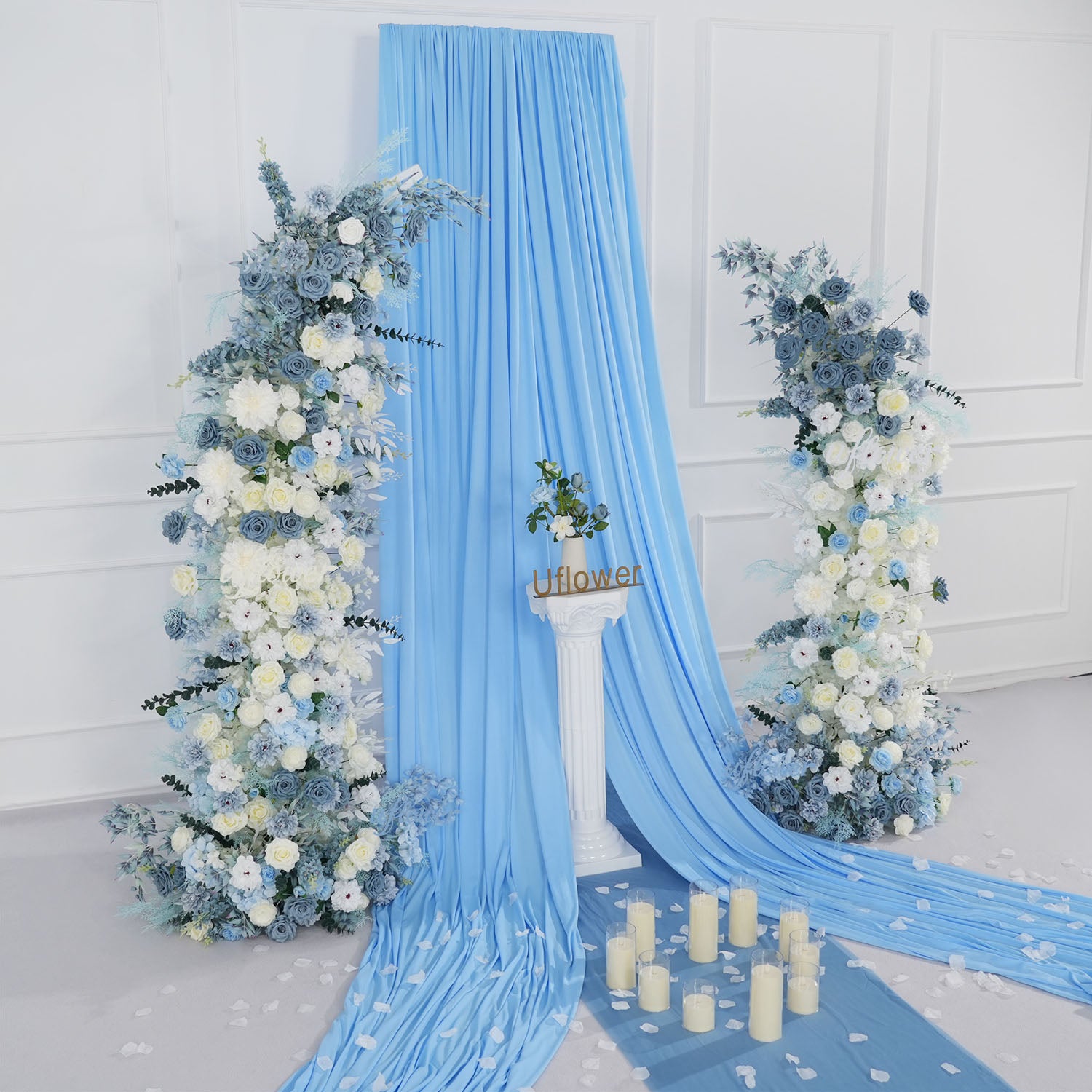 Uflower Blue White Floral Horn Arch Wedding Party Backdrop Decor